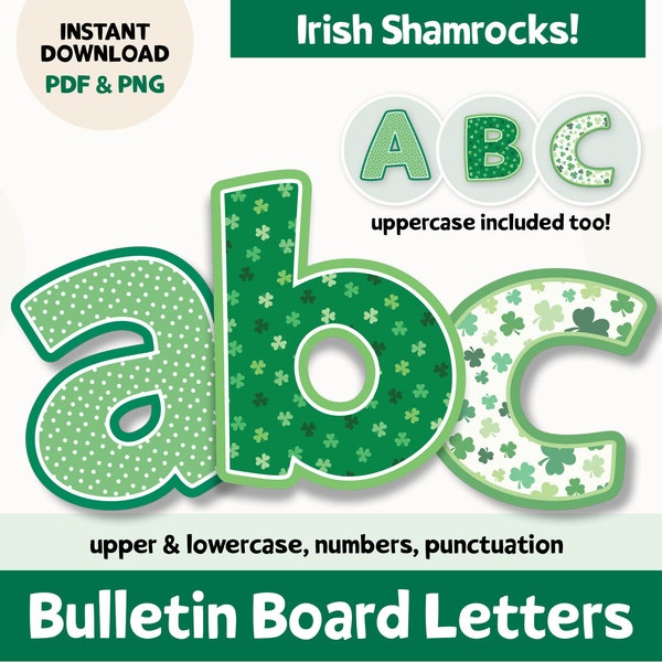 St Patricks Day Bulletin Board Letter Set, March Classroom Decor, Printable Bulletin Board Letters, Irish Shamrock ABC Bunting Board Letters