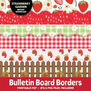 Conjunto de bordes del tablero de anuncios de fresa, borde del boletín del aula, borde imprimible para la decoración del aula, jardín de fresas del borde del empavesado