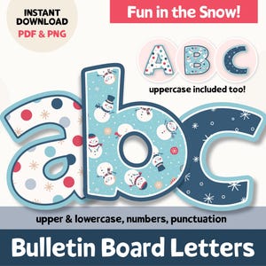 Letras de anuncios de invierno, letras de tablón de anuncios de invierno para decoración de aulas, ideas para tableros de enero y febrero, letras del alfabeto de muñeco de nieve PNG, azul