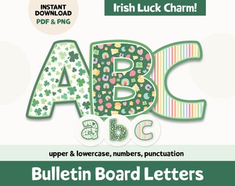 St. Patrick&#39;s Day Bulletin Board Decor, Printable Bulletin Board Letters for March Classroom Decor, Irish Luck Charm ABC Board Cutout Letter