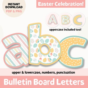 Letras de quadro de avisos em tons pastel calmos, letras de quadro de avisos de Páscoa para impressão para decoração de sala de aula de abril, ABC de primavera de maio, letras do alfabeto PNG