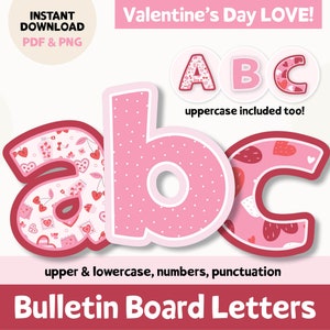 Letras para tablones de anuncios de San Valentín, letras para San Valentín de febrero, decoración para el aula, letras para tablones de anuncios imprimibles, kit para tablones de anuncios de San Valentín con forma de corazón