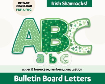 St. Patrick&#39;s Day Bulletin Board Decor, Printable Bulletin Board Letters for March Classroom Decor, Irish Shamrock ABC Bunting Board Letters