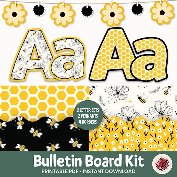 Spring Bulletin Board Kit, Bumble Bee Bulletin Board Letters, Printable Border Set for Classroom Door, Yellow Summer Honeycomb Alphabet Set