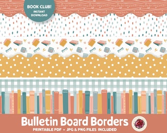 May include: Printable bulletin board borders with a book club theme. The borders feature a variety of patterns, including polka dots, gingham, and a pattern of books and glasses. The text "Book Club! Instant Download" is included in the image.