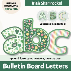 Letras para tablones de anuncios del día de San Patricio, letras para tablones de anuncios imprimibles para la decoración del aula en marzo, letras recortables del alfabeto del amuleto de la suerte irlandés en formato PNG