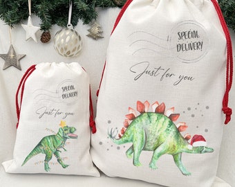 Gepersonaliseerde kerstmanzak. Kerstdinosauruszakken met naam voor kinderen, baby, jongen, meisje. Extra grote kerstmanzakken, kerstcadeauzakjes