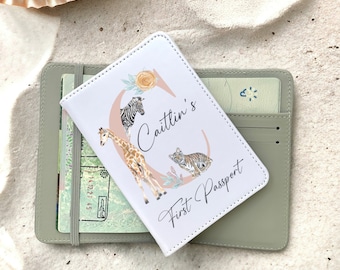 BABY SHOWER GIFTS - personalised passport holder in safari animal design. This makes a unique new baby gift. Matching luggage tag available.