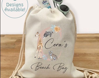 Bolsa de playa personalizada para niñas. Diseño de animales en una bolsa de lino con cordón para niños, niños pequeños. Ideal para vacaciones, excursiones de un día, en avión.