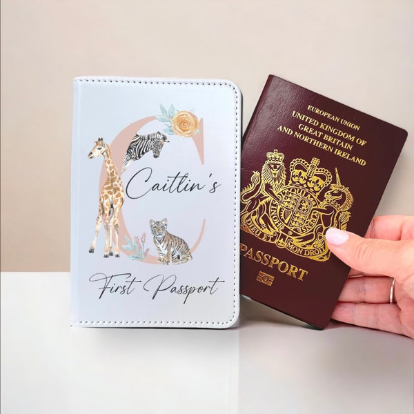 Girls personalised passport cover in a safari animal design. Kids and baby passport holders and matching luggage tags make unique gifts.