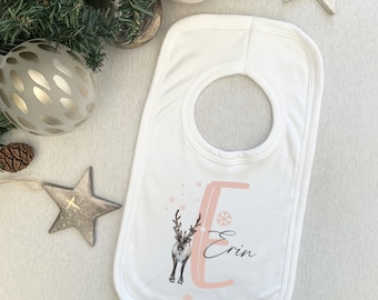 Rentier 1st Christmas Lätzchen personalisierter Name, Baby Weihnachtsbodysuit. 1st Weihnachtsgeschenke für Baby Jungen / Mädchen / unisex