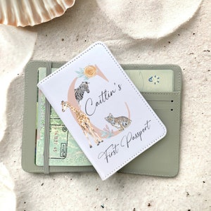 Personalised safari animal passport holder / passport wallet. Matching personalized luggage tag also available for great Travel gift set