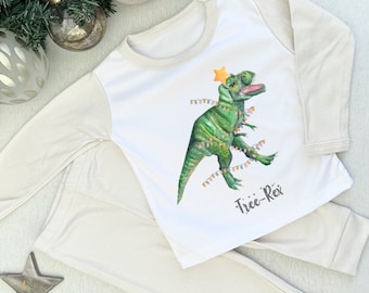 Christmas dinosaur pyjamas. Toddler Trex christmas pajama set. Tree-Rex pun, funny Christmas pjs for boy. Unique artwork pjs for kids