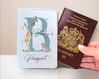 Boys personalised passport cover in a safari animal design. Kids and baby passport holders. matching luggage tags available. unique gifts.