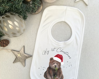 Bear 1st Christmas baby bib personalised name, baby Christmas bodysuit. 1st Christmas gifts for baby boy / girl / unisex