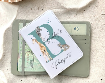 Boys personalised passport cover in a safari animal design. Kids and baby passport holders. matching luggage tags available. unique gifts.