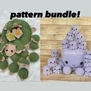 Peut inclure: Un lot de patrons de crochet comprenant un groupe de tortues vertes et une pieuvre violette. Les tortues sont disposées en cercle avec une fleur au centre. La pieuvre est entourée de plus petites pieuvres.