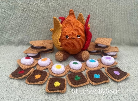 Campfire S'Mores Memory and matching game. Crochet English Pattern *Pdf download* StitchedbyShari original design, crochet camping gift