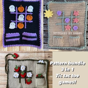 Tic Tac Toe pattern bundle 3 games in 1. Crochet patterns by StitchedbyShari ENGLISH only. Halloween, Beach and Strawberry TicTacToe