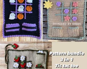 Tic Tac Toe pattern bundle 3 games in 1. Crochet patterns by StitchedbyShari ENGLISH only. Halloween, Beach and Strawberry TicTacToe