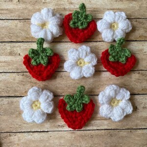 May include: Nine crocheted felt appliques, five white flowers and four red strawberries with green leaves.