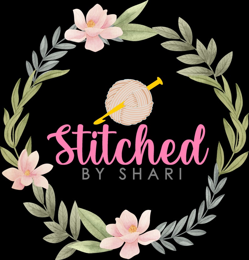 May include: A pink floral wreath with a ball of yarn and knitting needles in the center. The text "Stitched by Shari" is written in pink below the yarn.