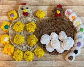 Chicken Memory crochet pattern English pdf. Original StitchedbyShari design. 2 patterns in 1. Chicks and eggs included. crochet memory game