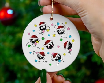 Soot Sprites Christmas Ornament, Santa Hat Anime Xmas Ceramic