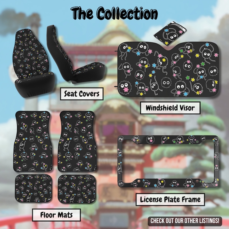 Puede incluir: Un conjunto de accesorios para autom&oacute;viles con un personaje de dibujos animados en blanco y negro con un dise&ntilde;o de estrellas rosa y azul. El conjunto incluye fundas para asientos, alfombrillas, un parasol para el parabrisas y un marco para la matr&iacute;cula.