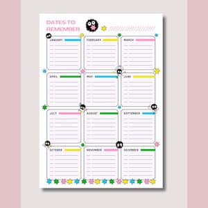 May include: A printable calendar with a cute cartoon character. The calendar is divided into 12 months, with each month having a different color. The calendar is perfect for keeping track of important dates.