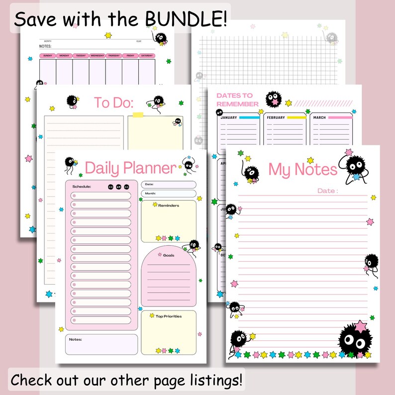 May include: A collection of planner pages with various layouts, including a daily planner, to-do list, and notes pages. The pages are decorated with cartoon characters and star accents. Text includes "Save with the BUNDLE!" and "Check out our other page listings!"