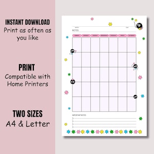 May include: A printable monthly planner with a pink border and cartoon characters. The planner includes a calendar grid, notes section, and space for important notes. Text on the left side reads "INSTANT DOWNLOAD" and "PRINT". Available in A4 and Letter sizes.