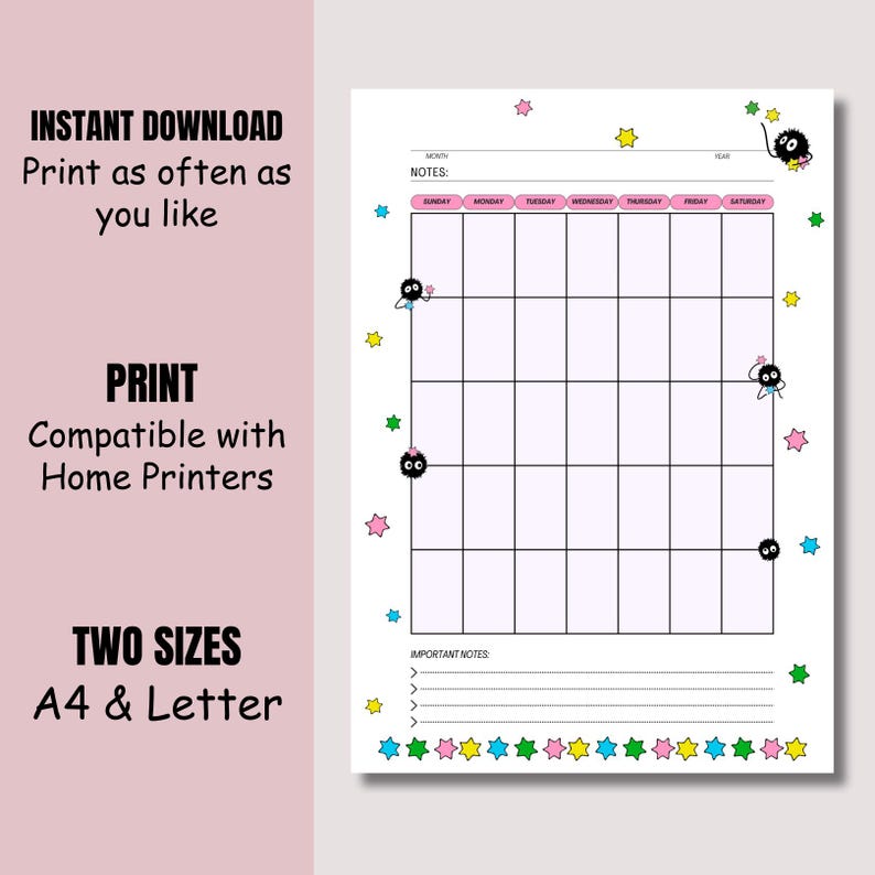 May include: A printable monthly planner with a pink border and cartoon characters. The planner includes a calendar grid, notes section, and space for important notes. Text on the left side reads "INSTANT DOWNLOAD" and "PRINT". Available in A4 and Letter sizes.