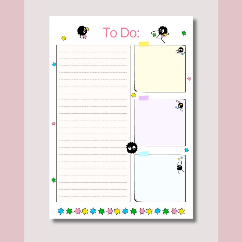 May include: A white To Do list notepad with lined sections and sticky note areas. The notepad features colorful star and character illustrations. The text "To Do:" is in pink.
