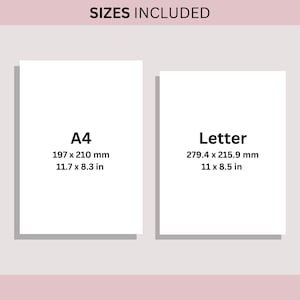 May include: Two white rectangular sheets of paper, labeled "A4" and "Letter", with size specifications in inches and millimeters. The text "SIZES INCLUDED" is at the top.