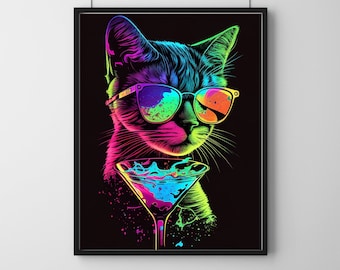 Printable Cat With Martini In Synthwave Style, Art Print, Wall Art, Digital Download.