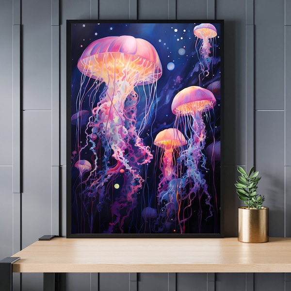 Qualle glühend in der Tiefsee Malerei zum ausdrucken. Ozean Kunstdruck, Nautic Wandkunst, digitaler Download