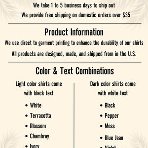 May include: A chart showing color and text combinations for t-shirts. Light color shirts come with black text in the following colors: White, Terracotta, Blossom, Chambray, Ivory. Dark color shirts come with white text in the following colors: Black, Pepper, Moss, Blue Jean, Violet.