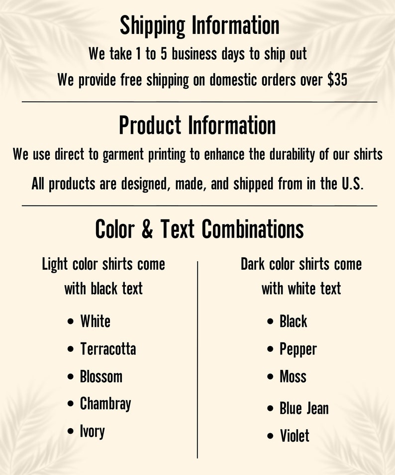 May include: A chart showing color and text combinations for t-shirts. Light color shirts come with black text in the following colors: White, Terracotta, Blossom, Chambray, Ivory. Dark color shirts come with white text in the following colors: Black, Pepper, Moss, Blue Jean, Violet.