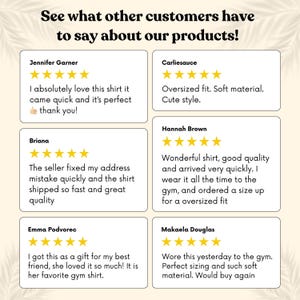May include: Image featuring customer reviews of a product. The text reads, "See what other customers have to say about our products!" Several reviews are displayed, each with a customer's name, a star rating, and a brief comment about the product.