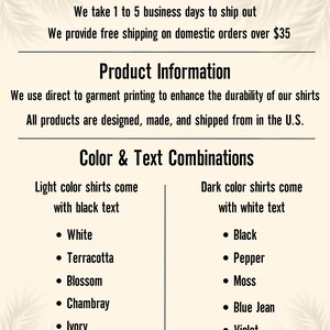 May include: A chart showing colour and text combinations for t-shirts. Light colour shirts come with black text in the following colours: White, Terracotta, Blossom, Chambray, Ivory. Dark colour shirts come with white text in the following colours: Black, Pepper, Moss, Blue Jean, Violet.