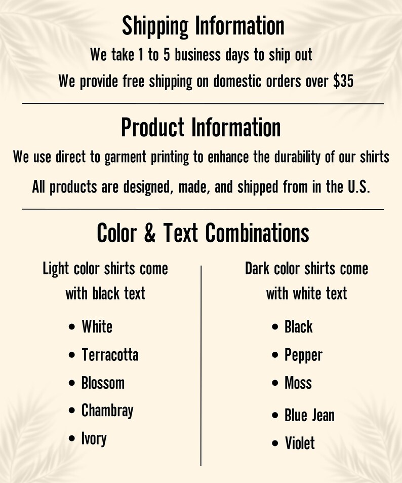 May include: A chart showing colour and text combinations for t-shirts. Light colour shirts come with black text in the following colours: White, Terracotta, Blossom, Chambray, Ivory. Dark colour shirts come with white text in the following colours: Black, Pepper, Moss, Blue Jean, Violet.