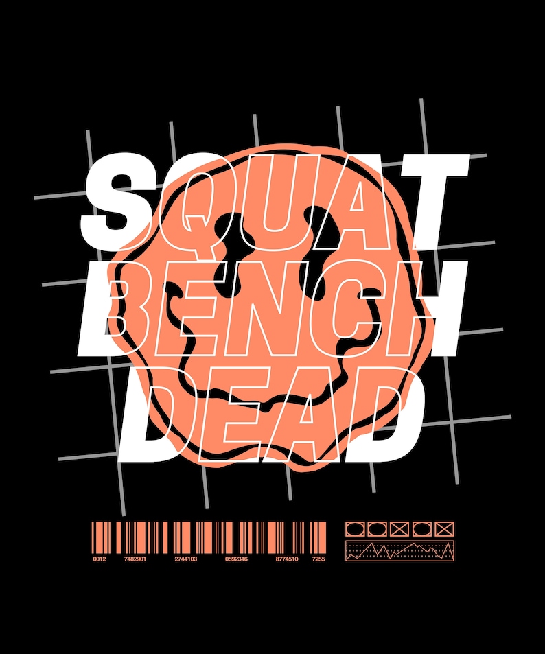 May include: A black and white graphic design with the words "SQUAT BENCH DEAD" in white text on a black background. The words are overlaid on a peach-coloured smiley face with a black outline. A grid pattern is behind the smiley face.