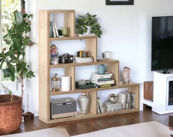Cube Bookshelf, Freestanding Etagere Bookcase, L Shaped Ladder Corner Bookshelf, Wood Storage Display Shelf for Living Room Home Office
