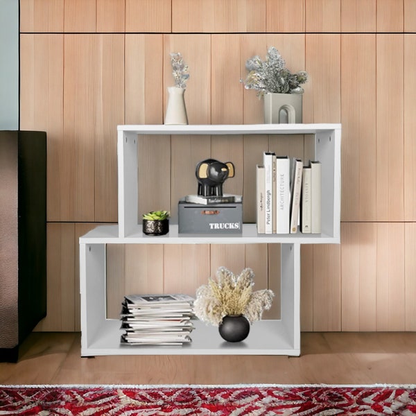 Wooden Bookcase, Geometric Bookshelf, Wood S-Shaped Display Shelves, Freestanding Shelves, Floor Standing Bookcase for Living Room, Bedroom