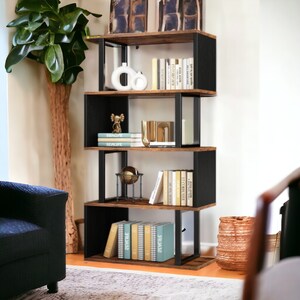 Geometric Bookcase, S Shaped Bookshelf, Wood Decorative Storage Shelving, Modern Freestanding Display Shelves, Rustic Bookshelf