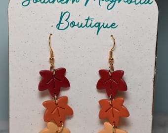 Fall Leaves Autumn Trio Dangle / Lightweight Jewelry / Autumn Statement Earring / Multicolored leaves earrings / Polymer Clay Earrings /