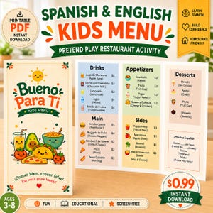 Pretend Play Restaurant Menu Printable Spanish Learning Activity for Kids Dramatic Play Homeschool Resource Screen Free Summer Activity