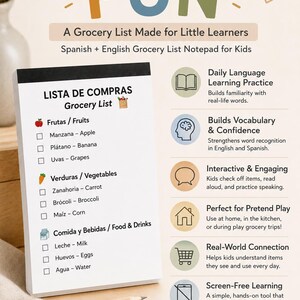 以下が含まれることがあります： 子供向けのスペイン語と英語のバイリンガル買い物リストメモ帳。白いメモ帳には、Frutas/Fruits、Verduras/Vegetables、Comida y Bebidas/Food & Drinksなどのカテゴリーとチェックボックスが記載されています。100枚のシートと教育的なアイコンが含まれています。