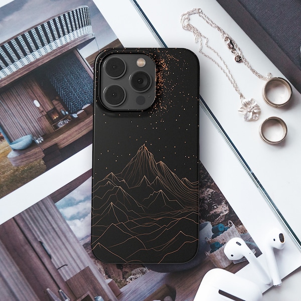 Starry Night Mountain iPhone Case - Elegant Black & Gold Geometric Minimalistic Landscape Design for iPhone 15 14 13 12 11 XR XS X Series